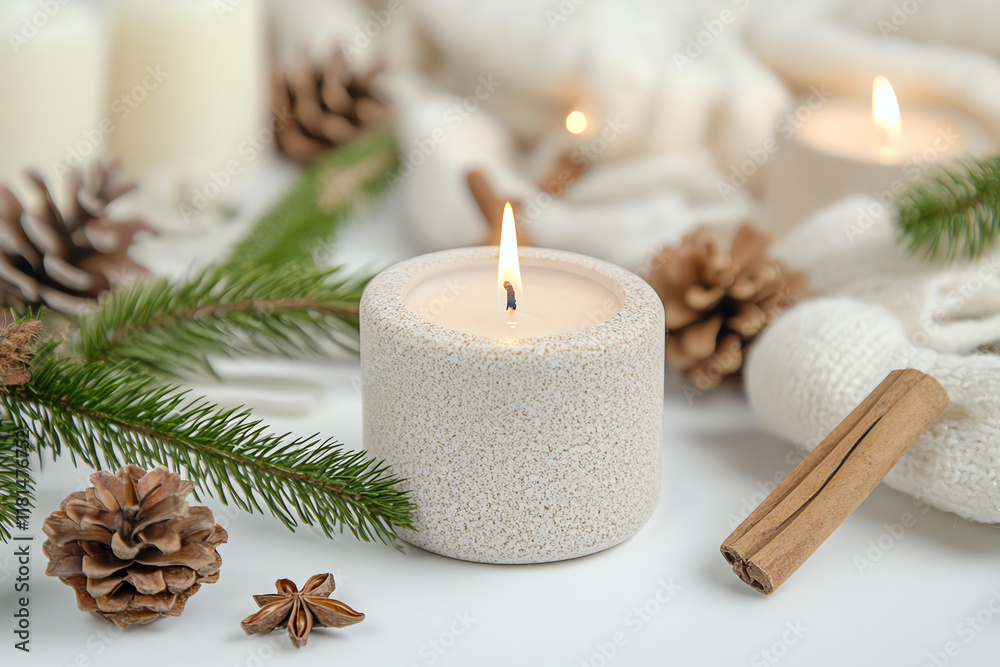 A cozy scene featuring a lit candle surrounded by pinecones, cinnamon sticks, and greenery, evoking warmth and tranquility in a winter setting. A cozy scene featuring a lit candle surrounded by pinecones, cinnamon sticks, and greenery, evoking warmth and tranquility in a winter setting.