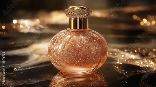 Beautiful golden perfume bottle displayed on a polished surface in a modern s...