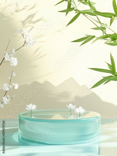 A light blue and green glass podium with water ripples, small white flowers on the surface of mountains and clouds in Chinese style, bamboo leaves flying around, soft dreamy depiction