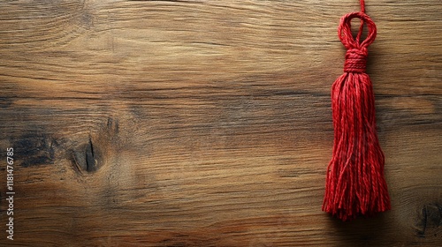 Red tassel hanging from wooden surface creating a rustic and elegant detail
