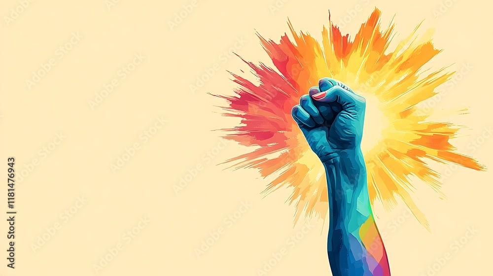 Obraz premium Raised rainbow fist of a woman for PRIDE month, Vibrant Raised Fist Celebrating Pride Month