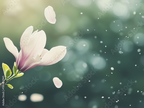 A magnolia petal gently falling through the air, closeup with a blurred background and ample copyspace for text