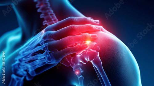 Close up of hand gripping shoulder, illustrating shoulder pain