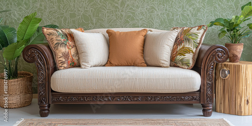 Heritage Couch with Carved Floral Design in Cozy Living Space
