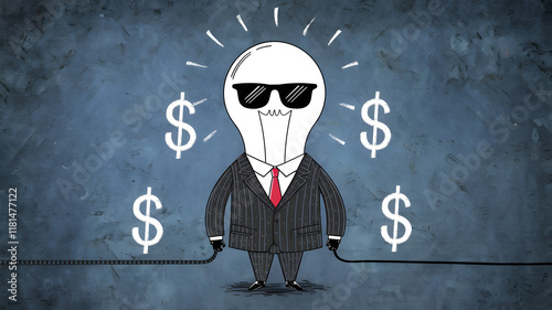 A light bulb in a tiny suit and sunglasses surrounded by dollar signs, creatively illustrating the concept of high electricity costs and energy expenses in a satirical artwork. 