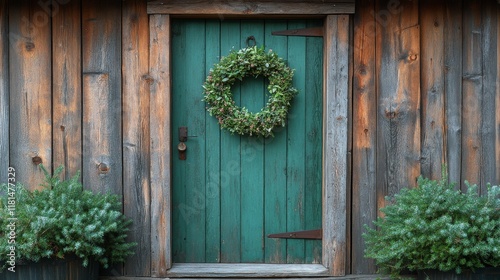 Rustic blue door adorned with a natural wreath in a serene outdoor setting ne...