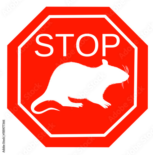 vector design element, in the form of a black silhouette of a mouse or rat sitting with its tail, paws and ears on a white background, crossed out with a red line as a sign prohibiting rat-free areas 