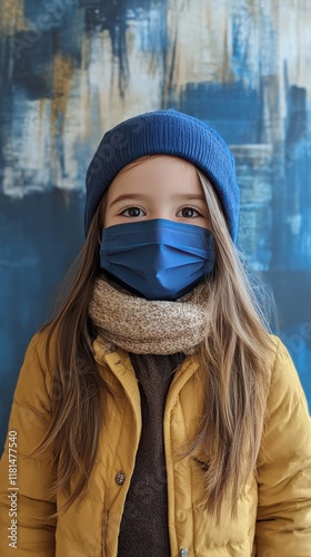 Young child wearing a blue mask and pink hat indoors during a cold day