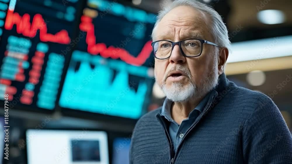 Financial expert analyzes market trends with focus on stock performance and economic indicators during trading hours Financial expert analyzes market trends with focus on stock performance and economic indicators during trading hours