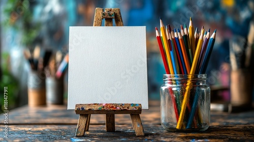Colorful art supplies arranged on a wooden table with vibrant canvas in the b...