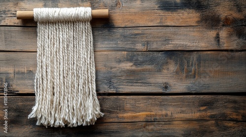 Woven textile hanging from wooden rod on rustic wooden background in natural ...