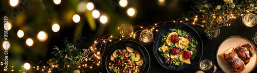 Festive holiday dinner. Delicious food, warm lights.