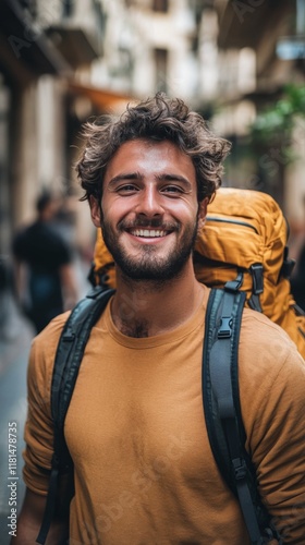 Young man smiles while walking through a busy urban street filled with people...