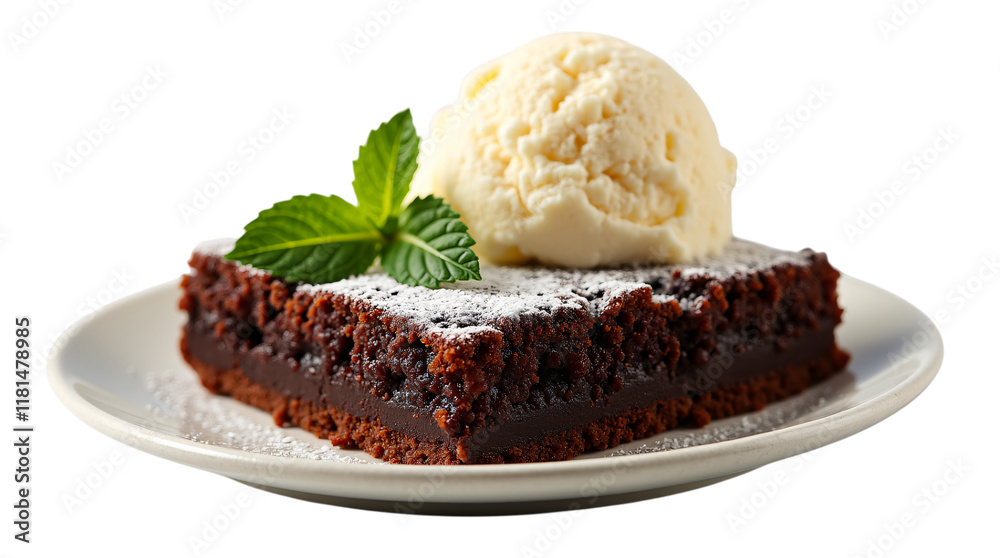 A Luscious Chocolate Brownie with Vanilla Ice Cream and Mint Garnish Isolated on a Transparent Background (PNG). A Luscious Chocolate Brownie with Vanilla Ice Cream and Mint Garnish Isolated on a Transparent Background (PNG).