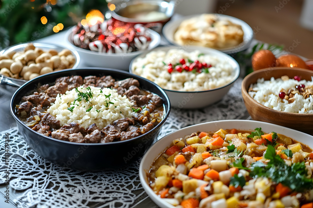 Fototapeta premium Delicious festive food spread, holiday meal.