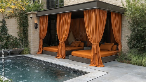 Elegant outdoor pavilion with warm lighting by luxury pool in evening setting