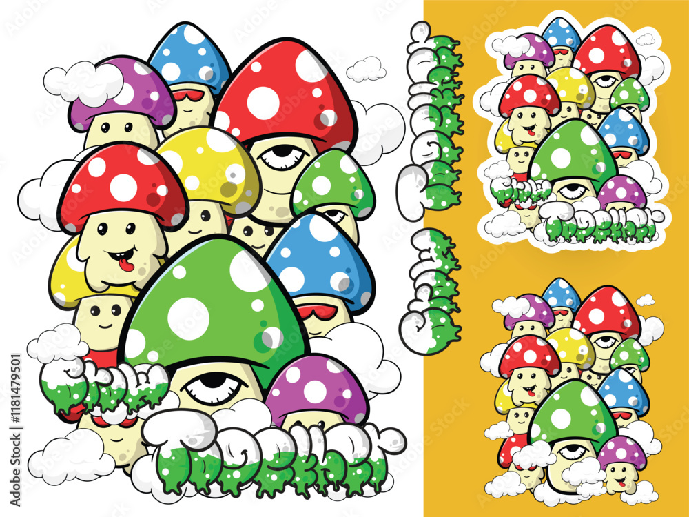 Fototapeta premium Doodle mushroom cute cartoon full vector