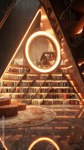 The Pyramid of Knowledge: A Majestic Library Sanctuary with Illuminated Center photo