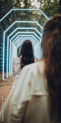 Women Walking Through Neon Hexagon Tunnel in Forest