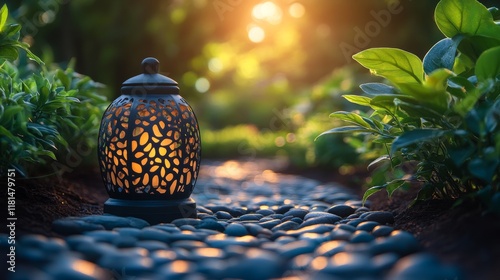 Soft glow of lantern illuminating garden pathway at sunset