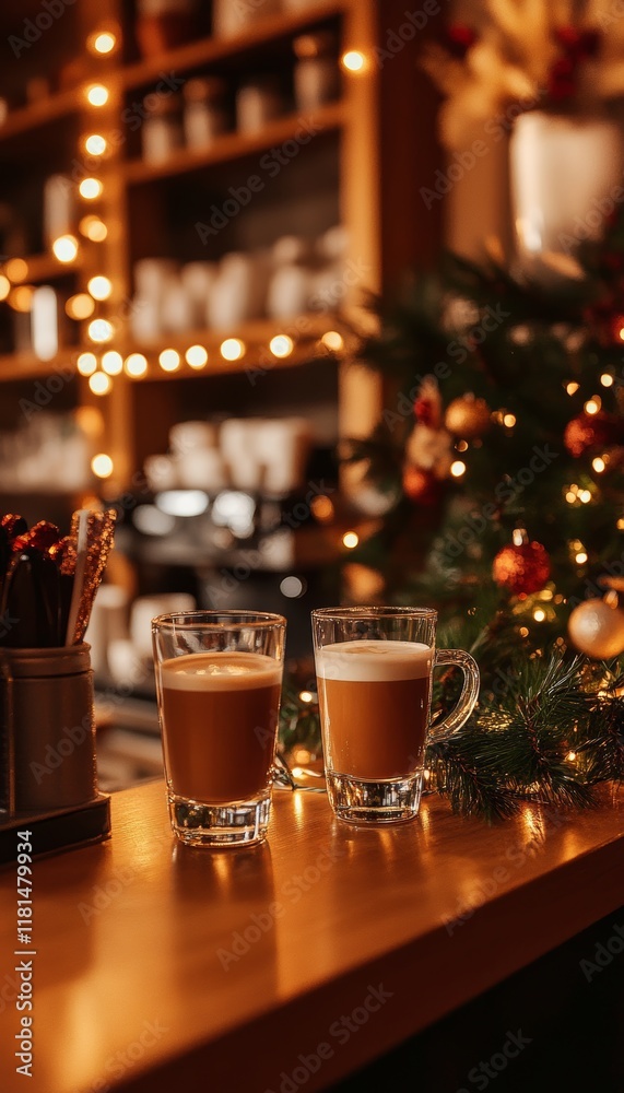 Cozy Festive Coffee Time Blurred Coffee Cups on Bar with Holiday Lights in Background Cozy Festive Coffee Time Blurred Coffee Cups on Bar with Holiday Lights in Background