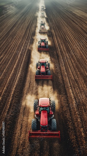 Farm tractors plow a field in autumn, creating dust clouds along the path