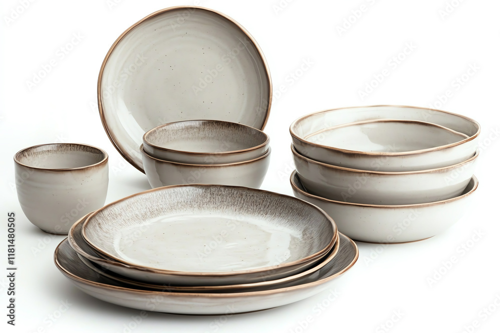 Fototapeta premium A stylish collection of ceramic dinnerware including plates, bowls, and cups with a minimalist design against a white isolate background.