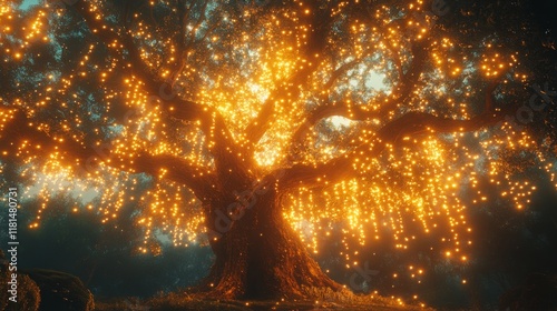 Enchanted tree illuminated by warm lights during twilight in a serene garden ...