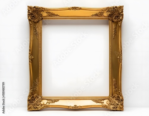 Empty gold ornate texture design picture photo frame isolated on pure white  background