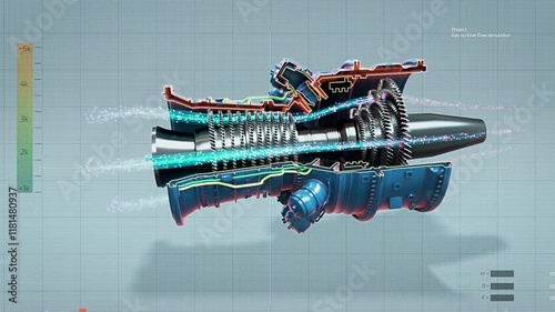 Close Up of a Computer Monitor Display with 3D CAD Software with Prototype Jet Engine Project. Engineer Running a Digital Simulation, Animation Showing How Gas Flows Inside the Turbine