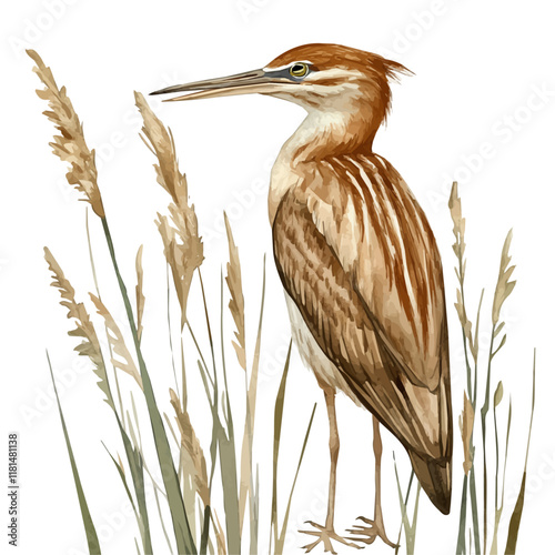 A watercolor vector of a bittern camouflaged in reeds, isolated on a white background. Bittern vector.
