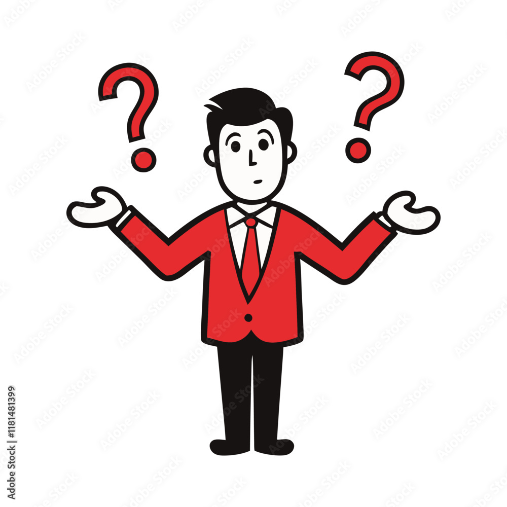 A vector design of a businessman shrugging his shoulders with question marks floating around, on a white background A vector design of a businessman shrugging his shoulders with question marks floating around, on a white background