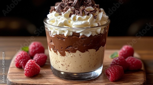 Delicious chocolate dessert served in a clear glass with whipped cream toppin...