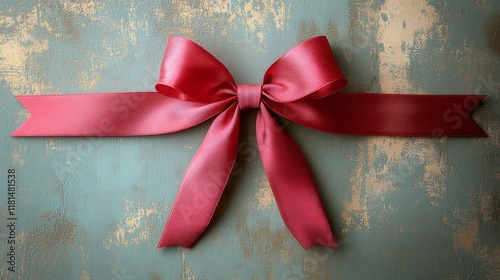 Elegant red ribbon bow on textured surface ready for gift wrapping and celebr...