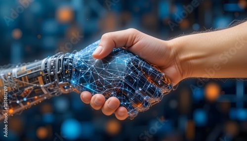 Handshake Between Cyber Hand and Human Hand with AI Background, Abstract futuristic, Artificial intelligence (AI)

