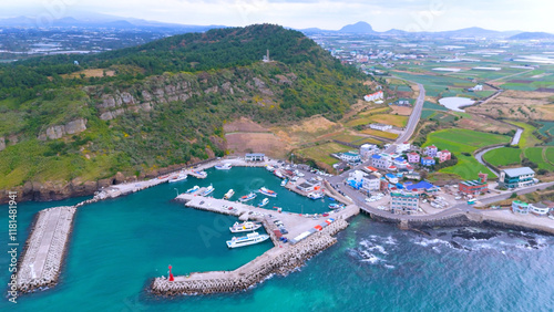 The beautiful island, Chagwido Island, and Wawa of Jeju Island in Korea are taken with drones from the sky, the sea, waves, and beautiful nature photo