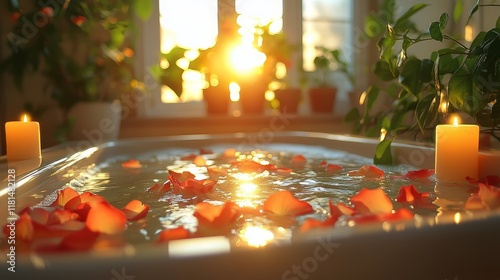 Relaxing bath setup with rose petals and candle in a serene countryside setting