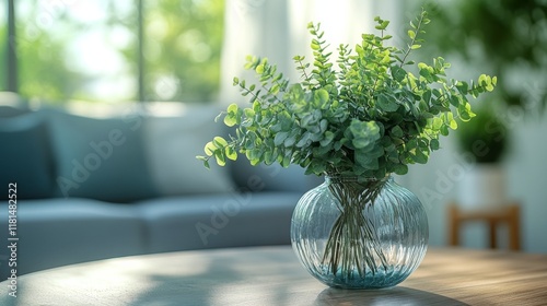 Cozy living room with candle and eucalyptus in evening light creating a peace...