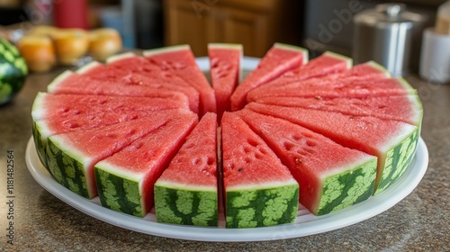 Freshly sliced watermelon arranged on a white platter for a summer gathering