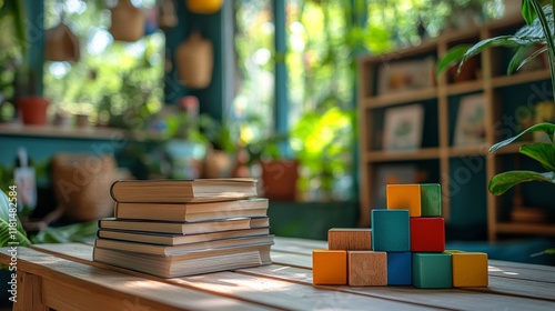Cozy reading nook with colorful building blocks and stacked books surrounded ...