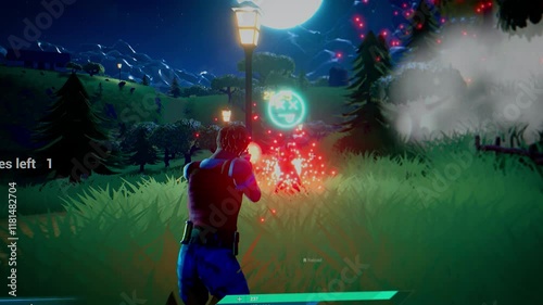 3D Third Person Shooter Online Multiplayer Battle Royale Gameplay in Night Setting. Fun Tactical Arcade with Characters Running, Fighting, Shooting Guns, Blowing Things Up, Getting Victory Points