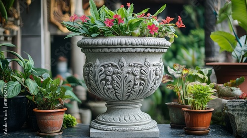 Vibrant flowers in decorative planter surrounded by lush greenery in a serene...
