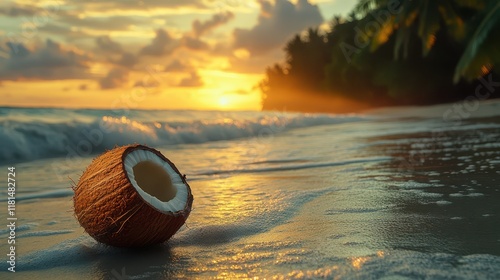 A cracked coconut rests on sandy beach as the sun sets behind palm trees and the ocean waves gently lap the shore  photo