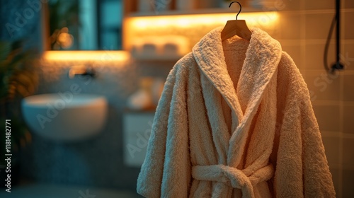 Cozy robe hanging in a stylish, modern interior space with natural light and ...