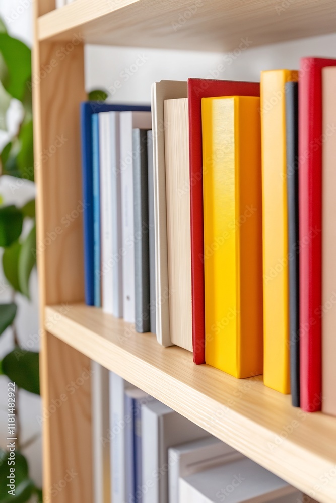 A close-up of colorful books on a wooden shelf with greenery. A close-up of colorful books on a wooden shelf with greenery.