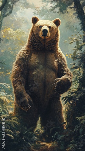 Majestic brown bear standing in lush forest during the day displaying its str...