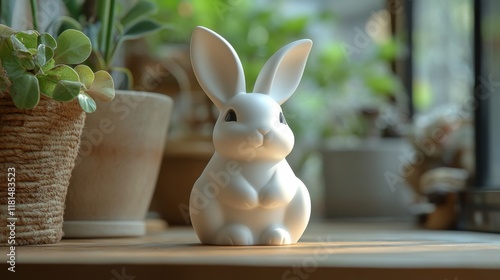 Cute decorative rabbit figurine placed on a wooden surface surrounded by gree...
