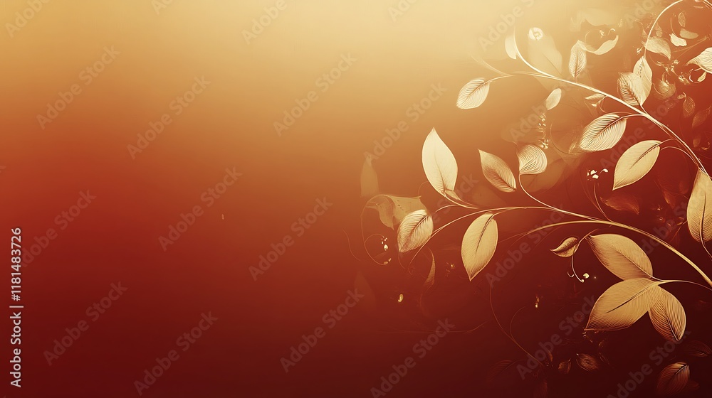Golden Leaves Branch Design on Red Background Golden Leaves Branch Design on Red Background