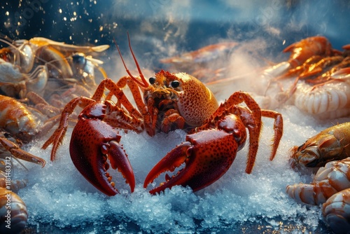 Variety of fresh shellfish and crustaceans displayed on crushed ice, natural textures and vibrant colors, lively seafood market environment with soft lighting photo