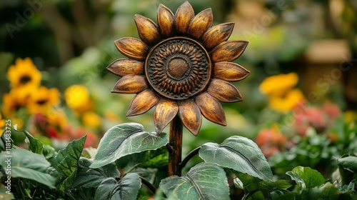 Bright sunflower sculpture adorned with vibrant leaves in a lush garden setting